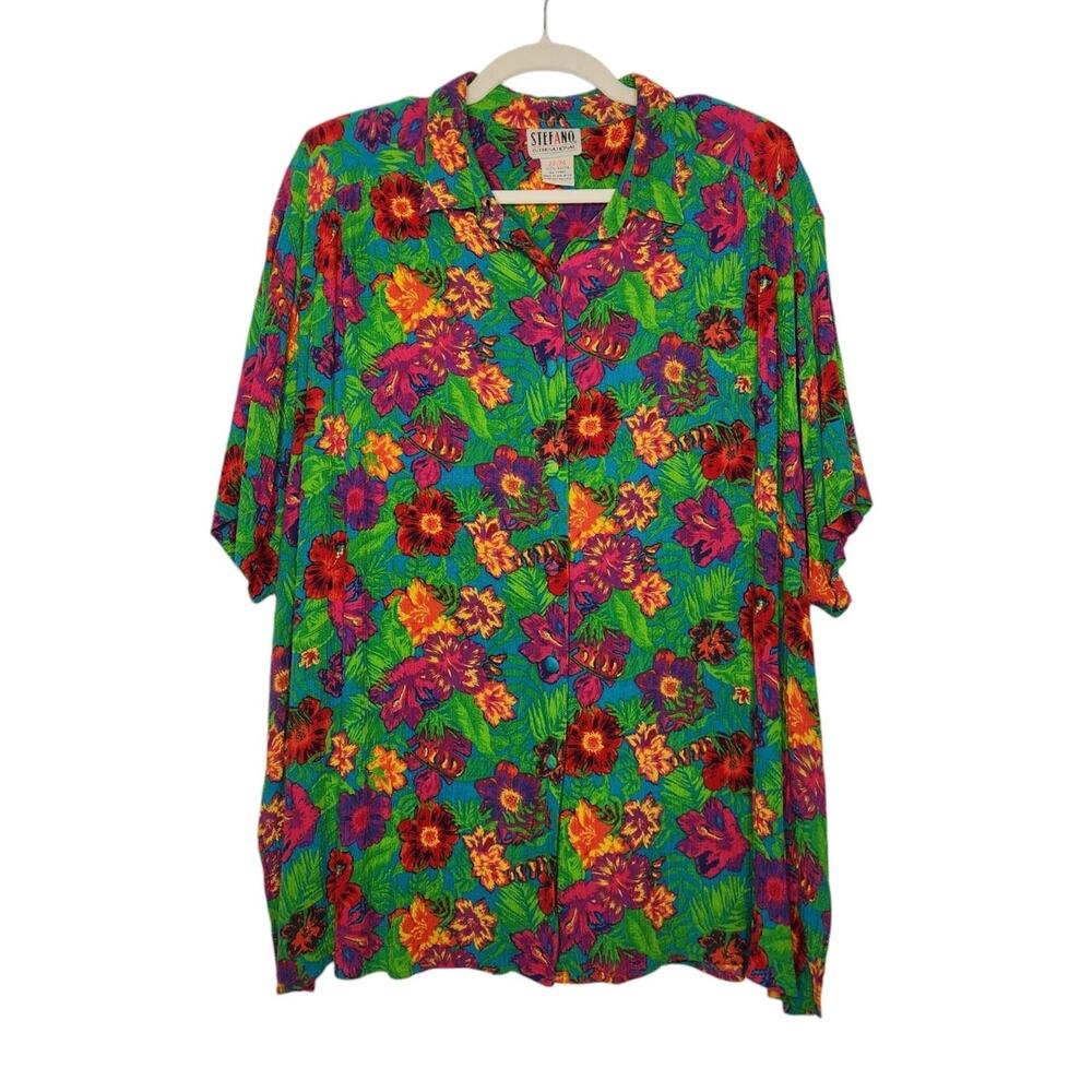 Vintage 90s Steffano Bright Neon 22/24 Hawaiian Button Shirt Flowers All Over